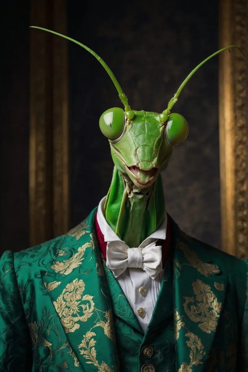 Sebastian the Elegant – The Praying Mantis Philosopher canvas with Floater frame by Beasts of Nobility