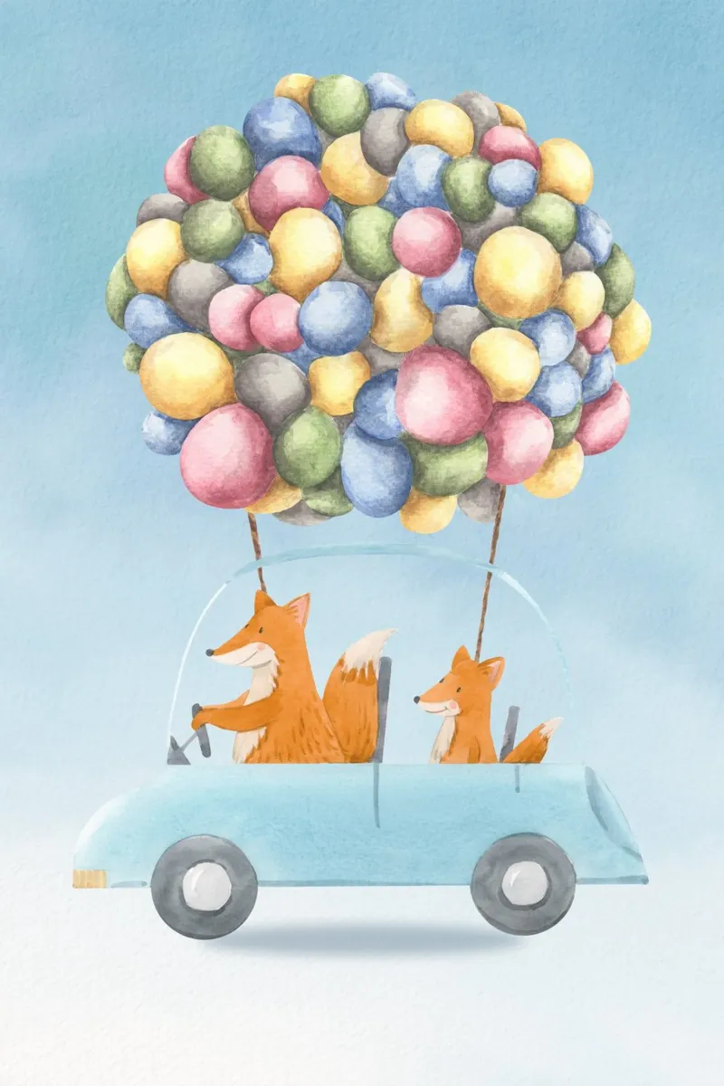 Fox Family’s Colorful Journey canvas with Floater frame by Doodle Dreams Art