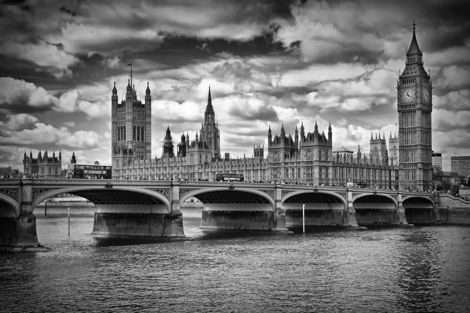 LONDRA Palazzo del Parlamento e ponte di Westminster poster con telaio in alluminio da Melanie Viola