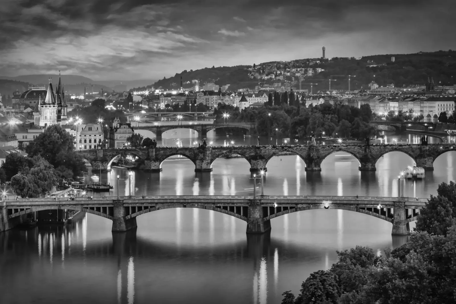Evening view over the Vltava bridges in Prague - Monochrom canvas by Melanie Viola