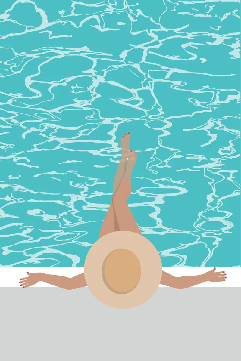 femme à chapeau au bord d'une piscine alluminio dibond da alexiableu