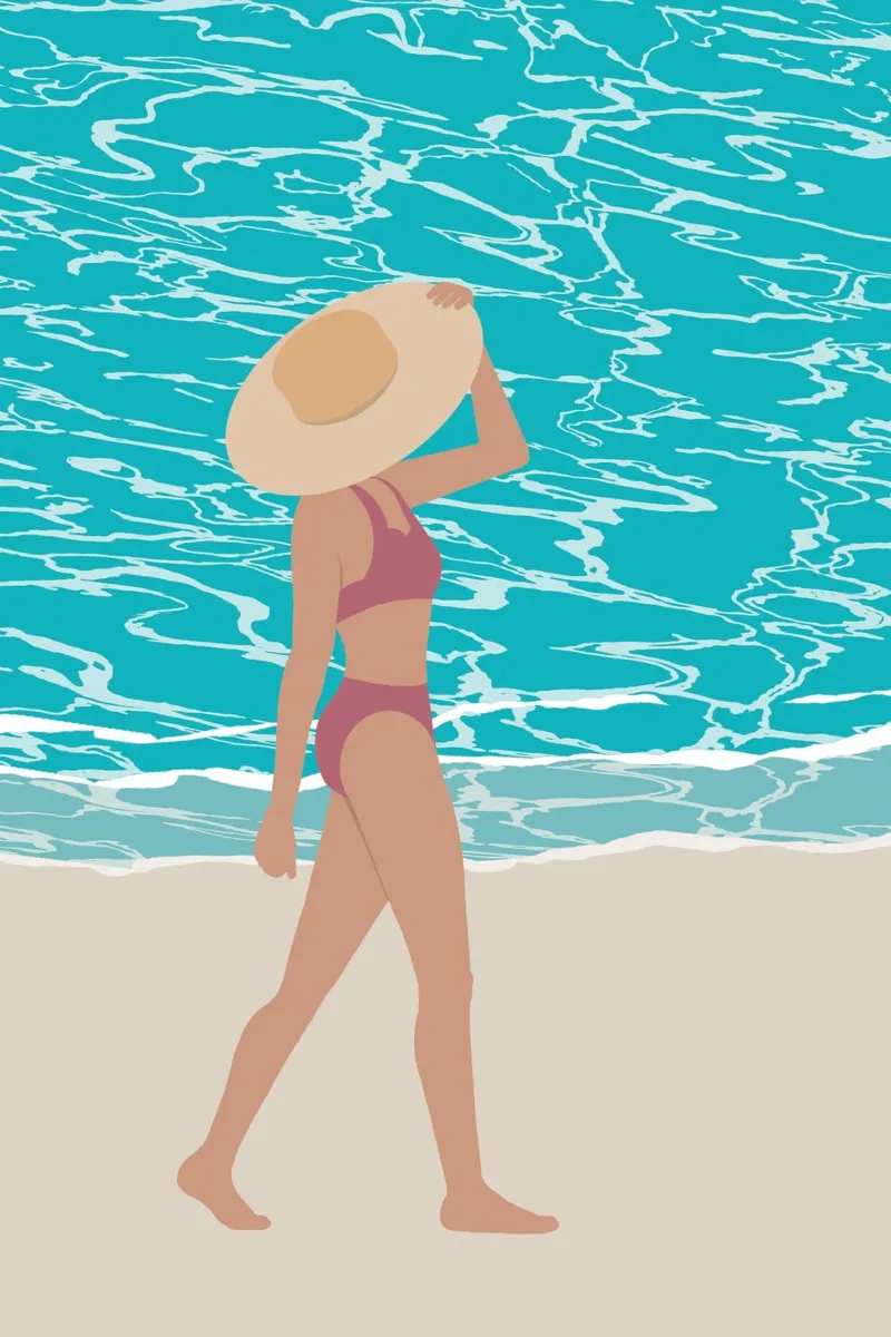 femme marchand sur la plage poster con telaio in alluminio da alexiableu
