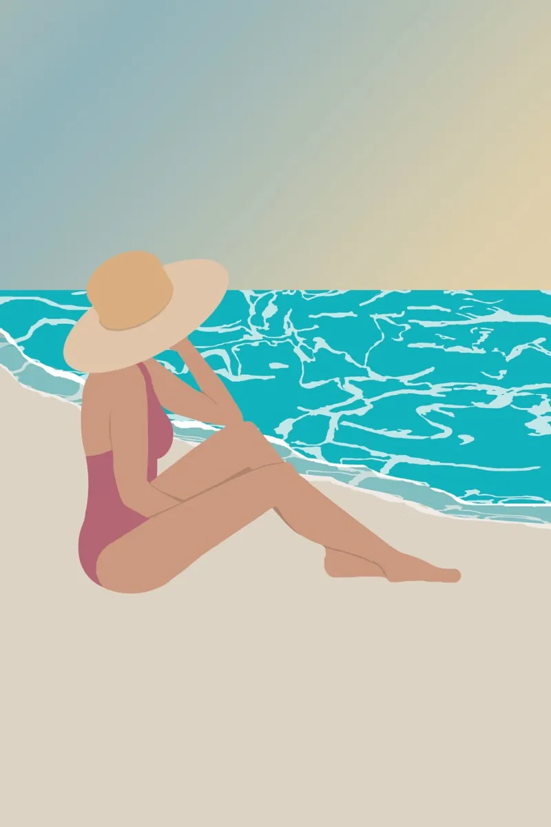 femme au chapeau assise sur la plage hahnemühle van alexiableu