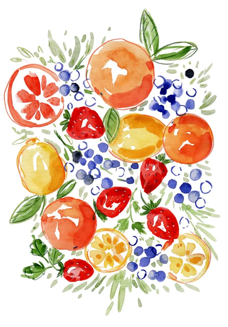 Watercolor Citrus Fruits and Berries Joy hahnemühle by Espinacco Design