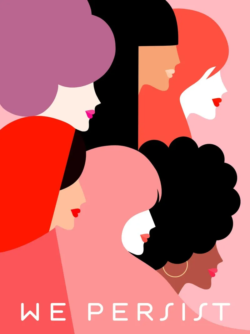 Ritratto di diversità Girl Power - Persistiamo nel rosa e nel corallo poster con telaio in legno da Dominique Vari