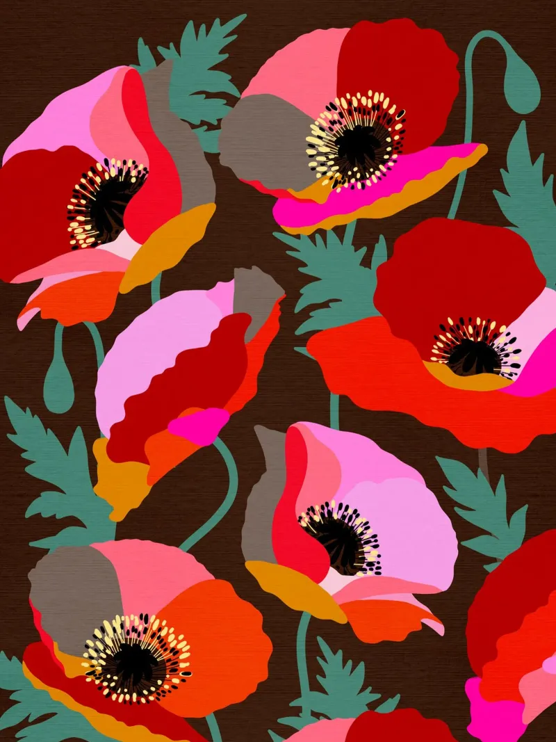 Audace rosa e papaveri rossi floreali Botanica su marrone poster con telaio in alluminio da Dominique Vari