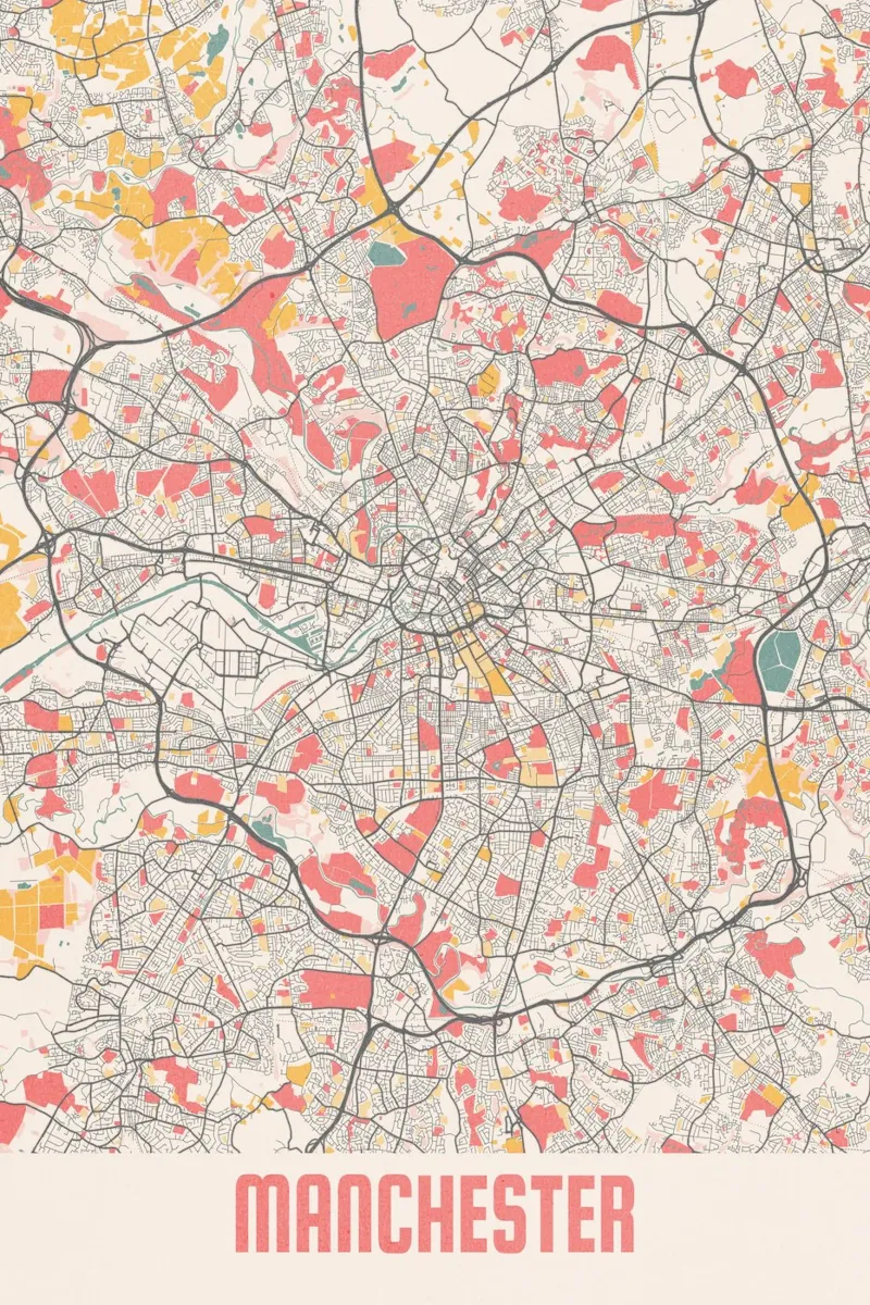 Manchester a fuoco - Elegante mappa della città in un design d'autore carta hahnemühle da MOOODZART