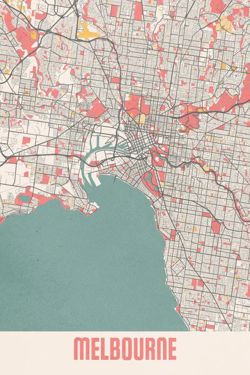 Ontdek Melbourne - Stijlvolle stadsplattegrond in FineArt-ontwerp canvas van MOOODZART
