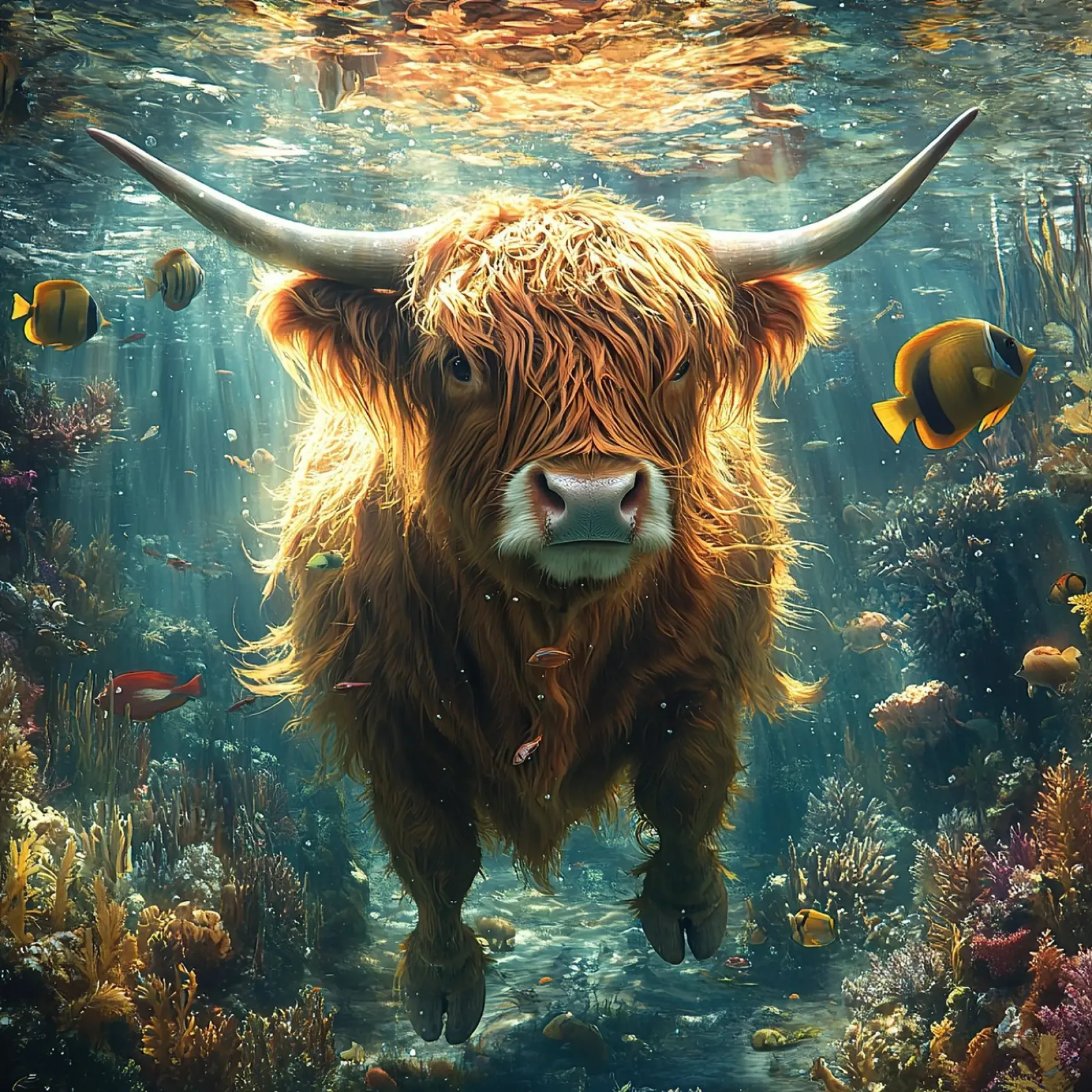 Pellicce in piena: La mucca delle Highlands si tuffa poster con telaio in legno da Nikis Art Studio