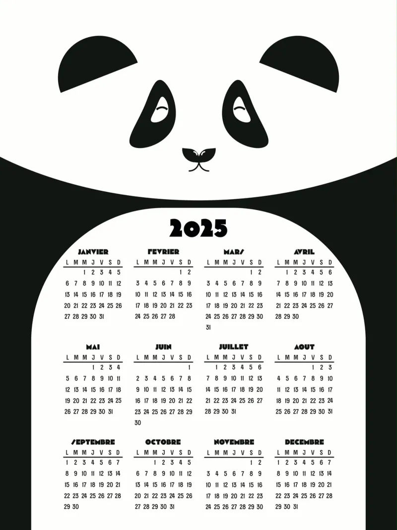 Panda black and white calendar 2025 poster with aluminum frame by 2fevrierArtStudio