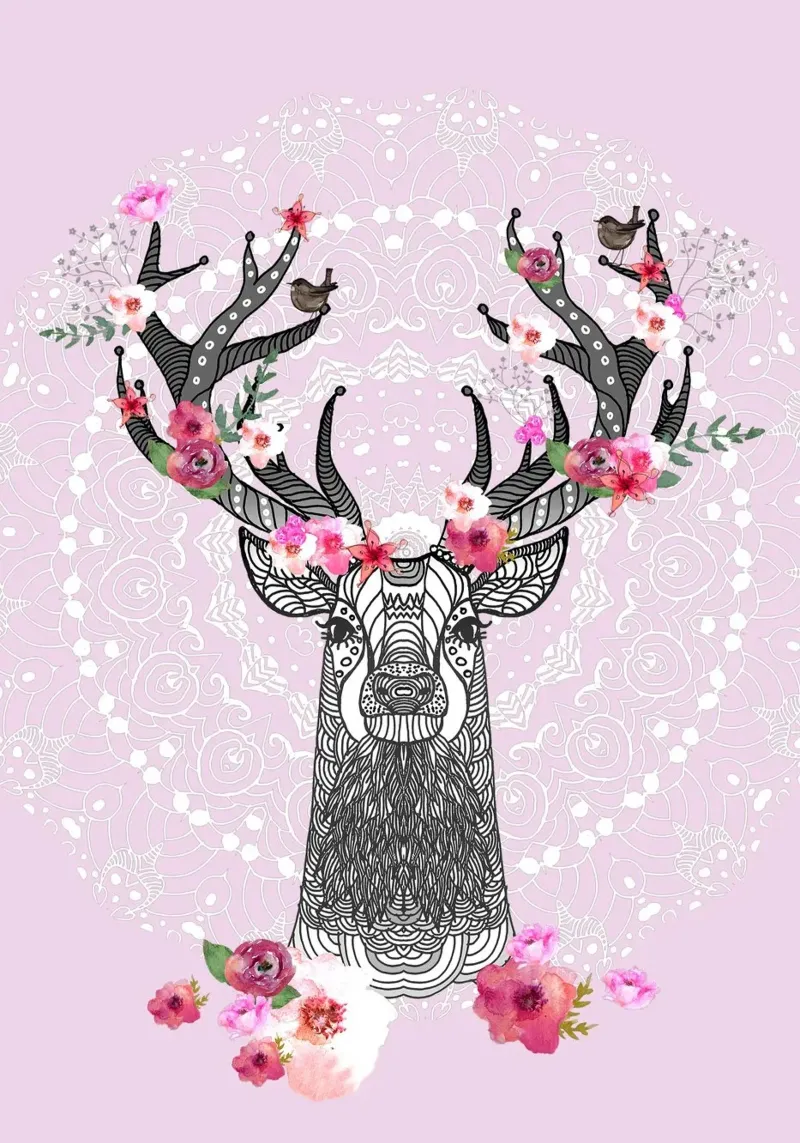 Flower Stag Spring Mandala poster con telaio in legno da Monika Strigel