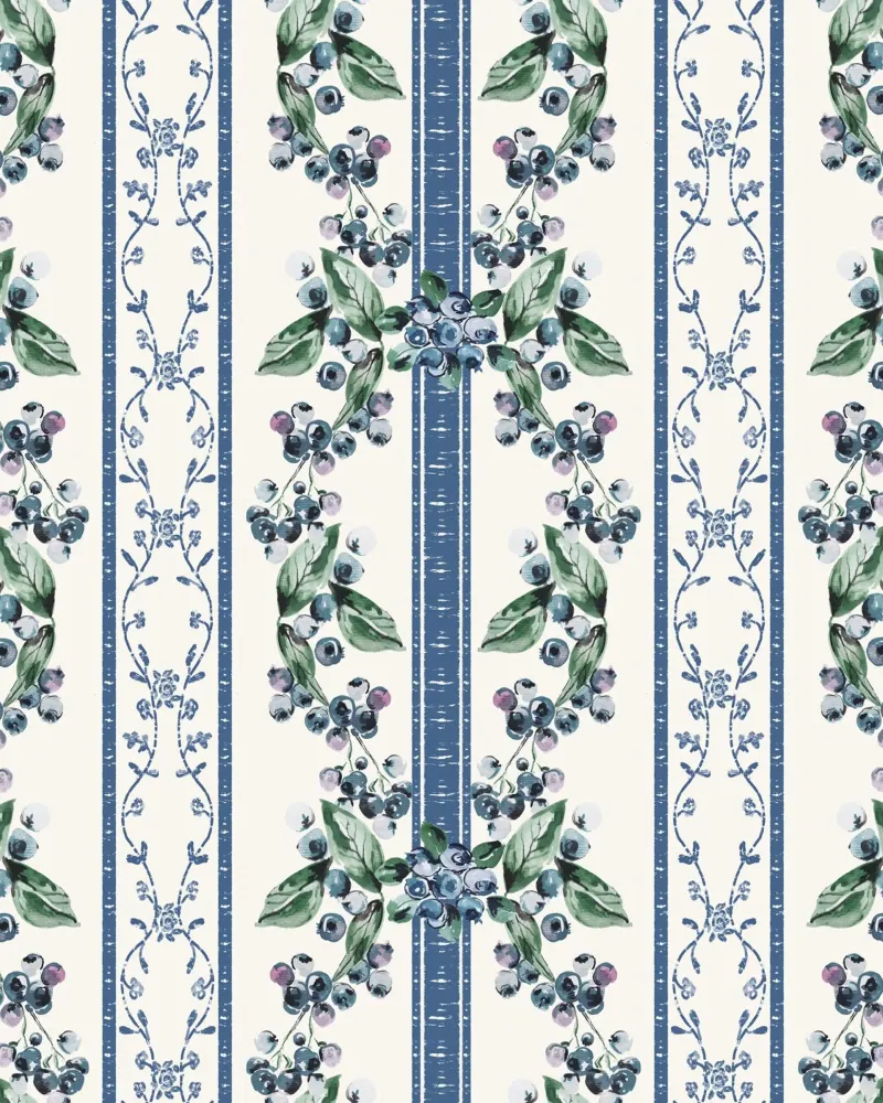 Blueberries Stripes Grandmillennial Pattern poster con telaio in legno da anisillustration