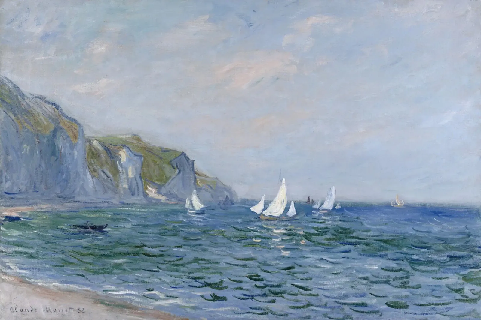 Monet - Scogliere e barche a vela a Pourville poster con telaio in alluminio da ARTOTHEK