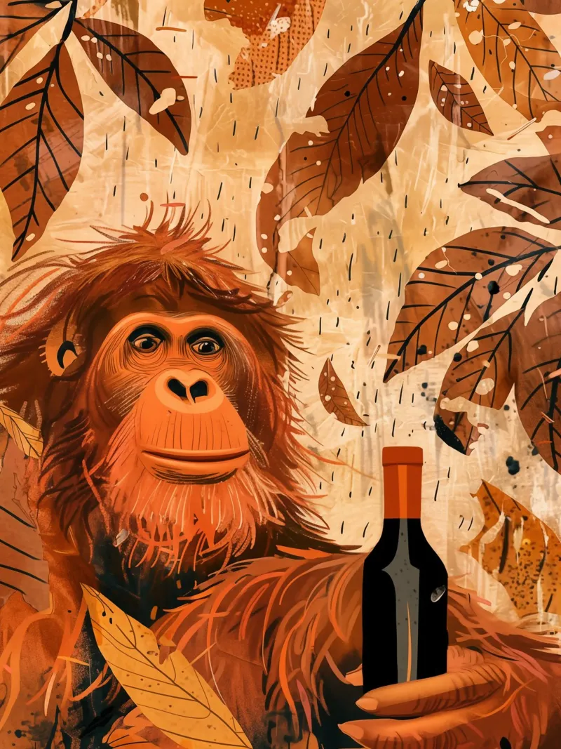 Felice in autunno | Scimmia con bottiglia di vino rosso carta hahnemühle da Autofocus