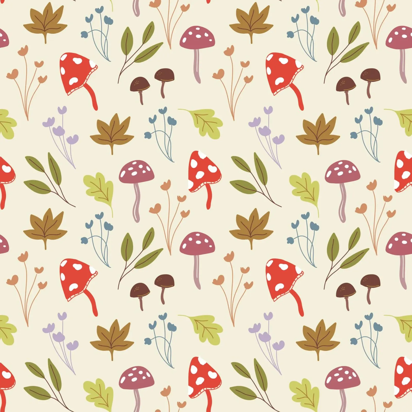 Tiny mushrooms and leaves pattern carta hahnemühle da anisillustration