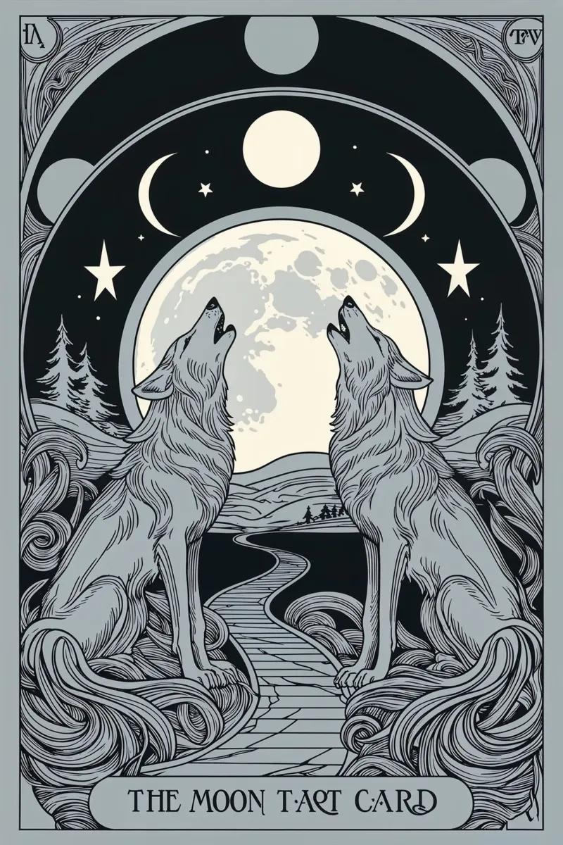 The Moon – Twin Wolves Howling Under Full Moon canvas with Floater frame by Mystique & Muse