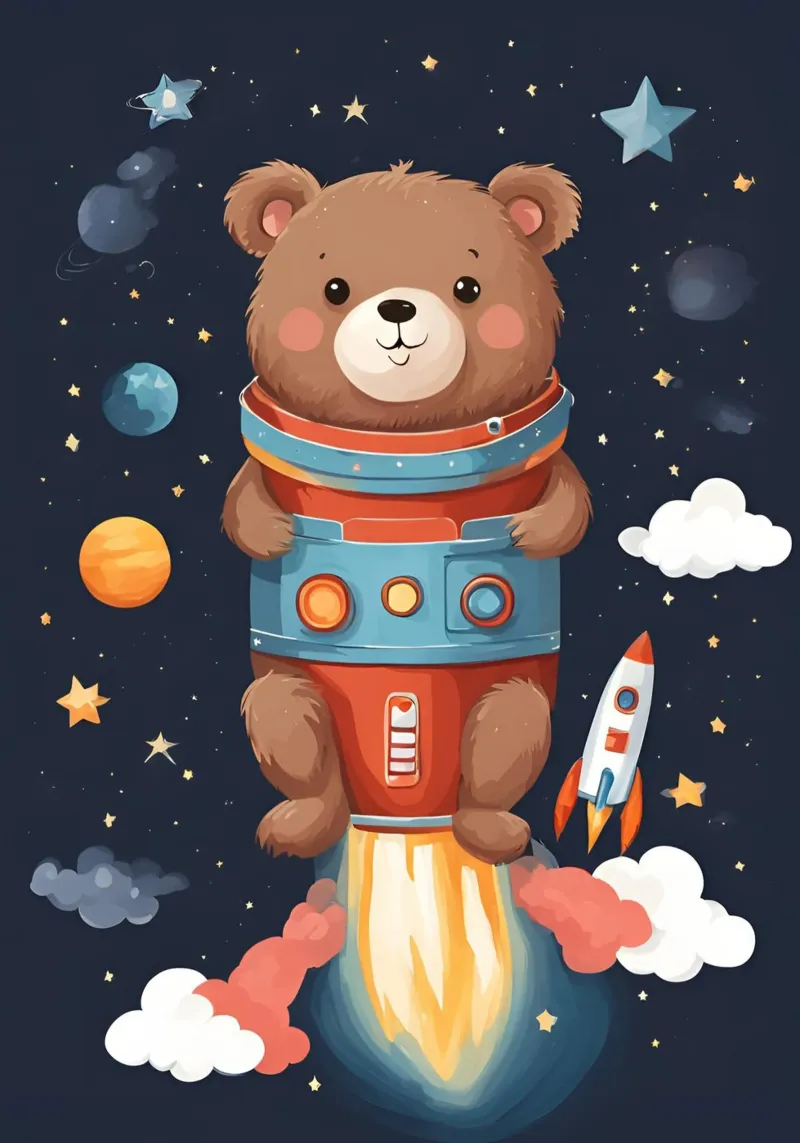 Cosmic Teddy Adventure poster with wooden frame by Doodle Dreams Art