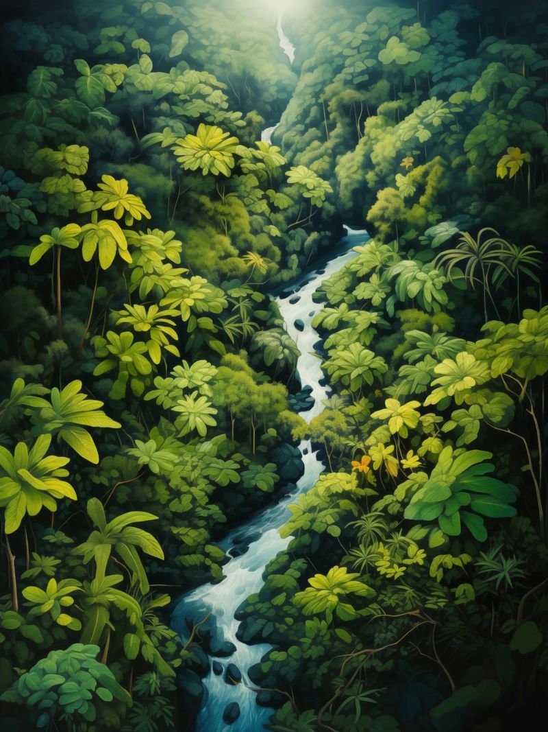 Regenwoudlandschap met rivier | Naïeve jungle idylle poster van Autofocus