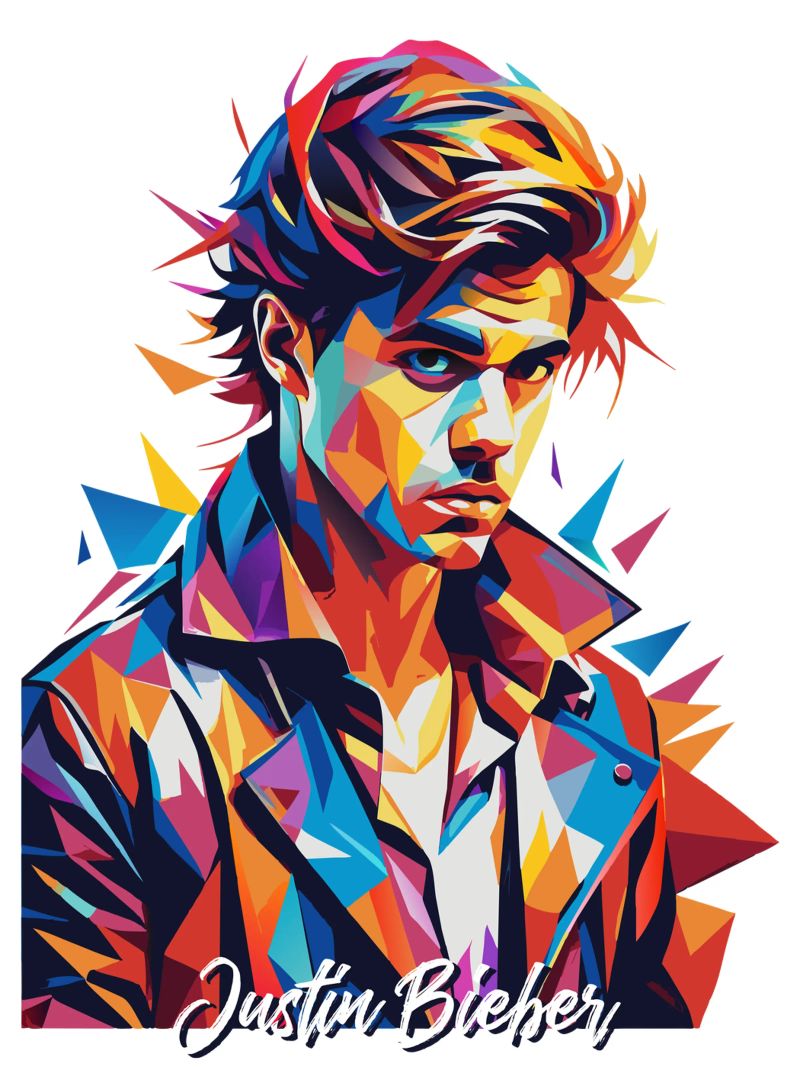 Justin Bieber Portrait in WPAP Pop Art pellicola backlit da vectorartnesia