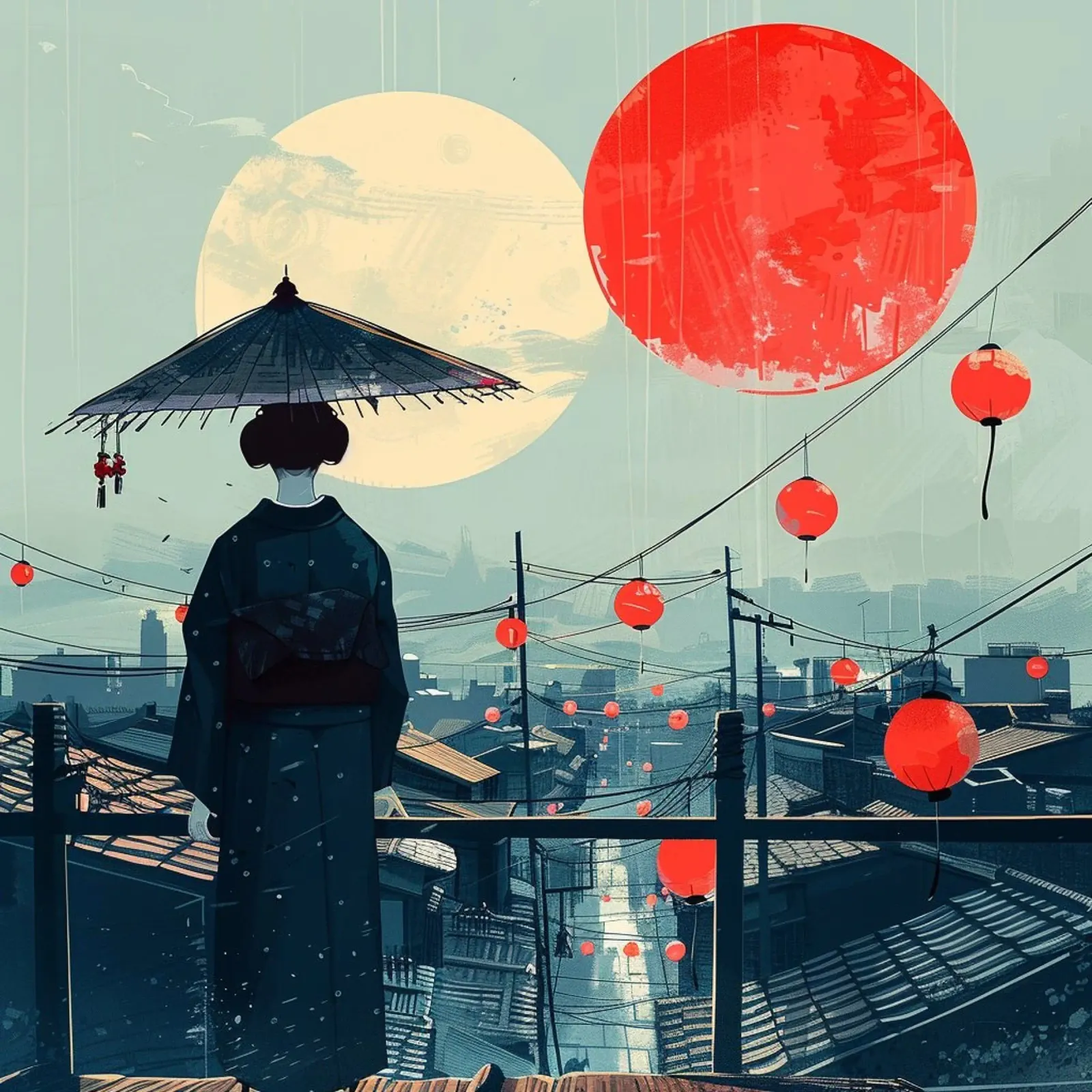 Japanese woman and urban landscape poster with wooden frame by pixel