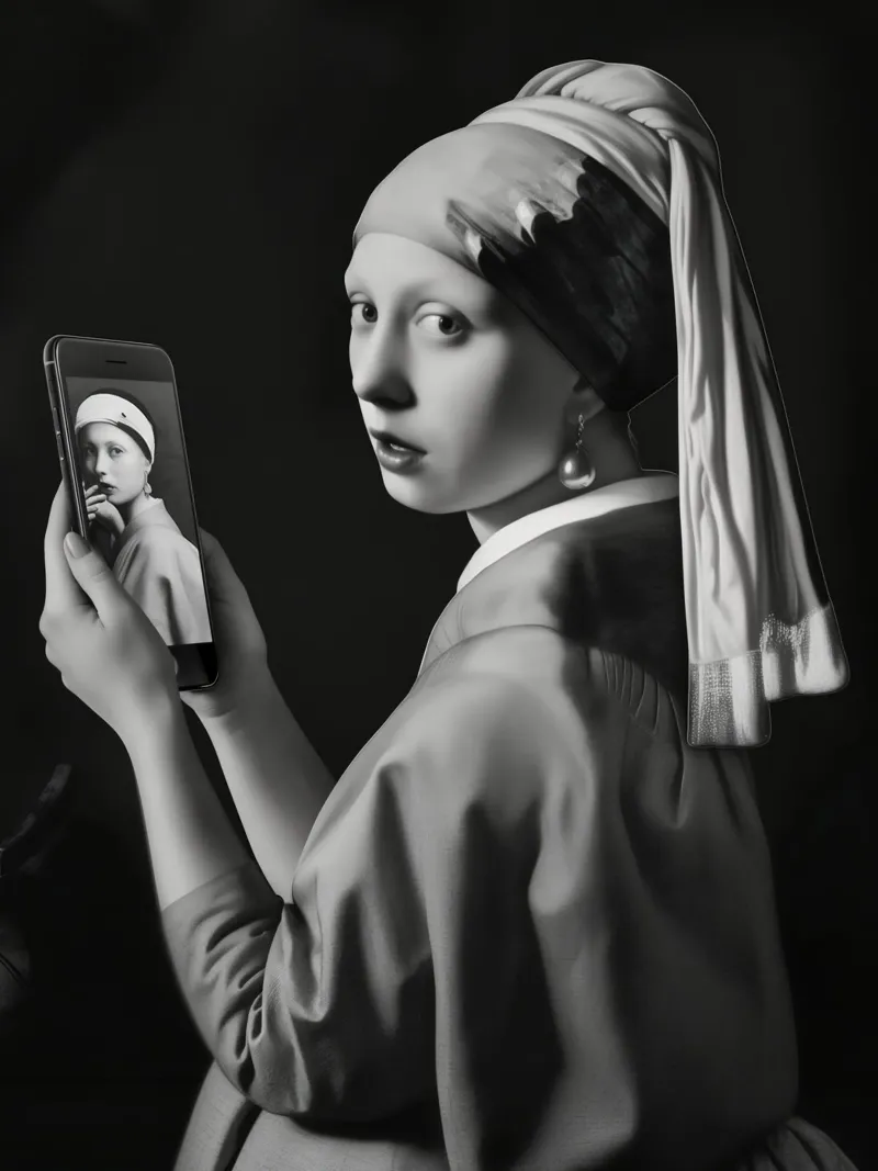 Selfie della ragazza con l'orecchino di perla ispirato a Vermeer poster con telaio in plastica da Autofocus
