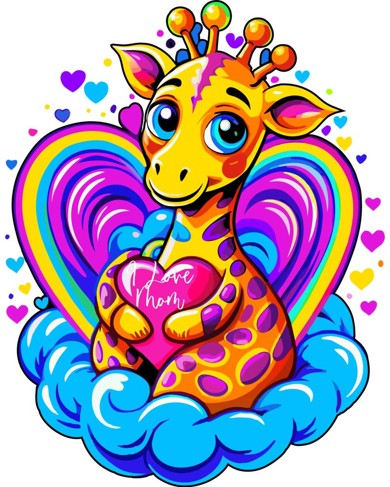 Simpatica giraffa che abbraccia un cuore in un cuscino su una nuvola - Aggiungi nome pellicola backlit da Artnesia