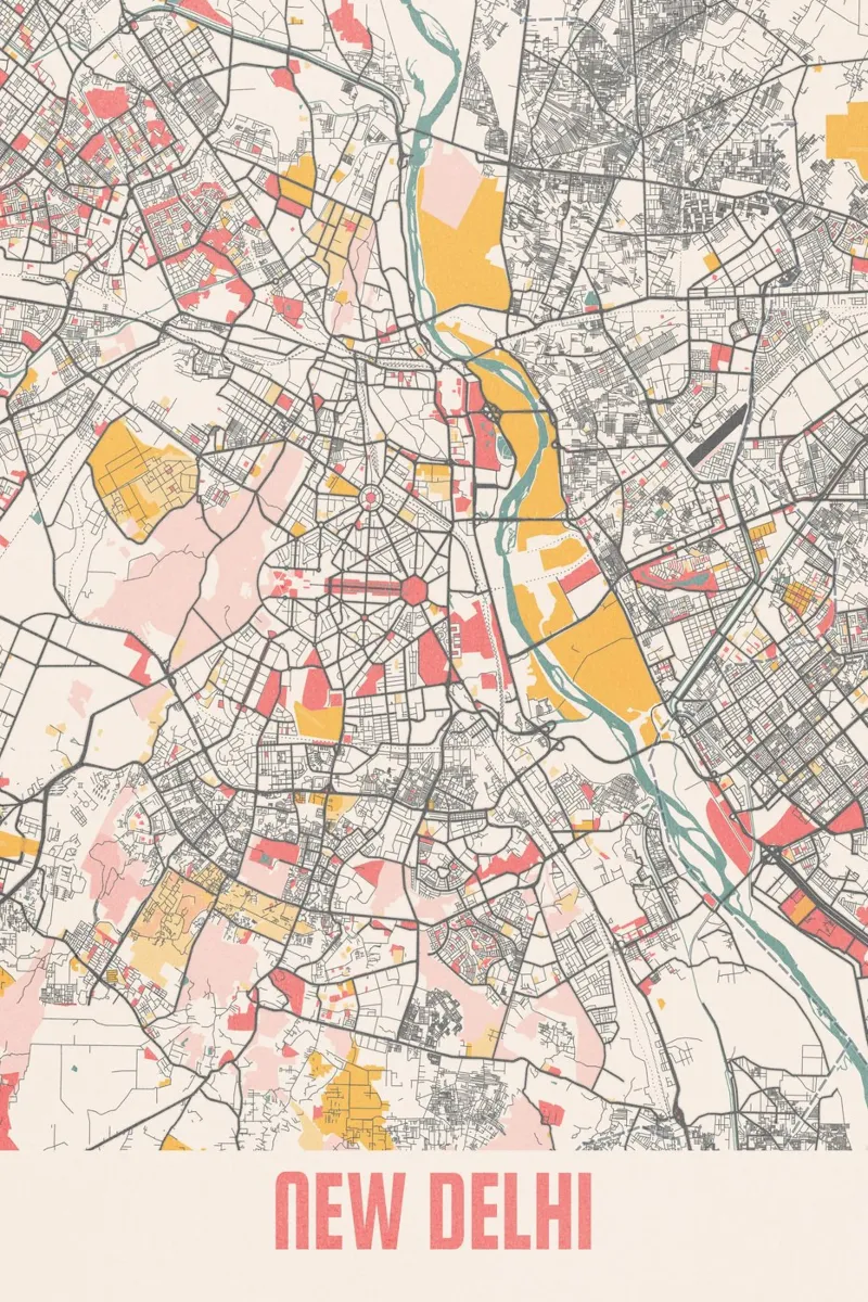 Mappa della città di Nuova Delhi - Design elegante in colori pastello poster con telaio in legno da MOOODZART