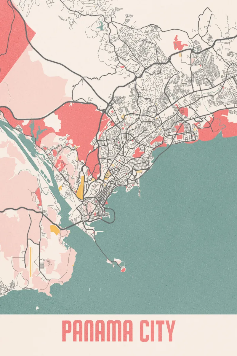 Mappa della città di Panama City - Design elegante con colori tenui poster con telaio in legno da MOOODZART