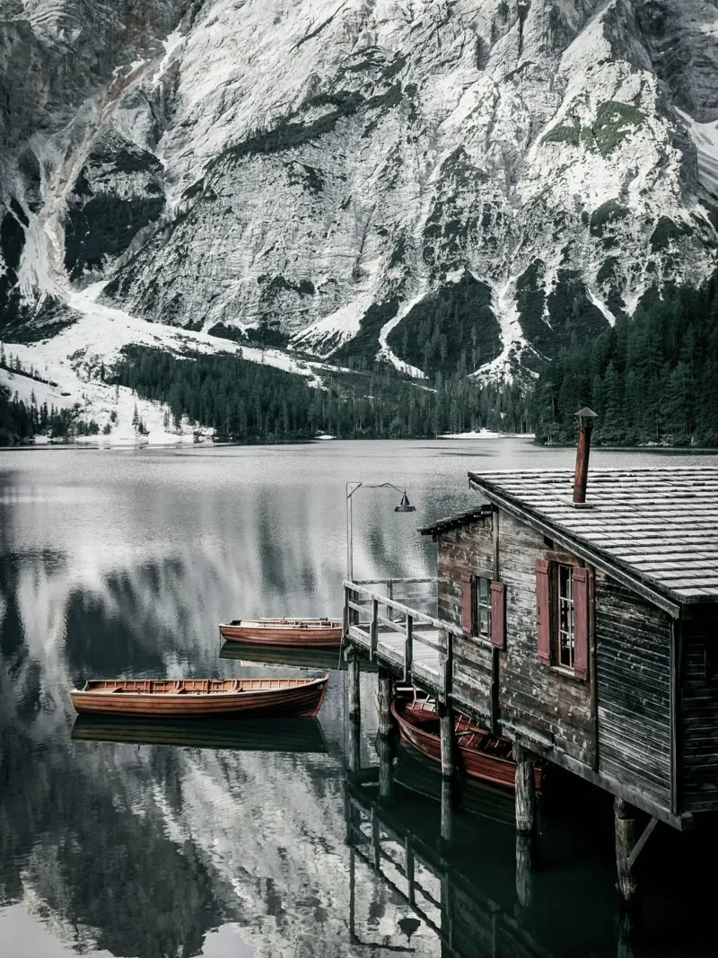 Mountain hut by the lake - peaceful landscape canvas by Whole©