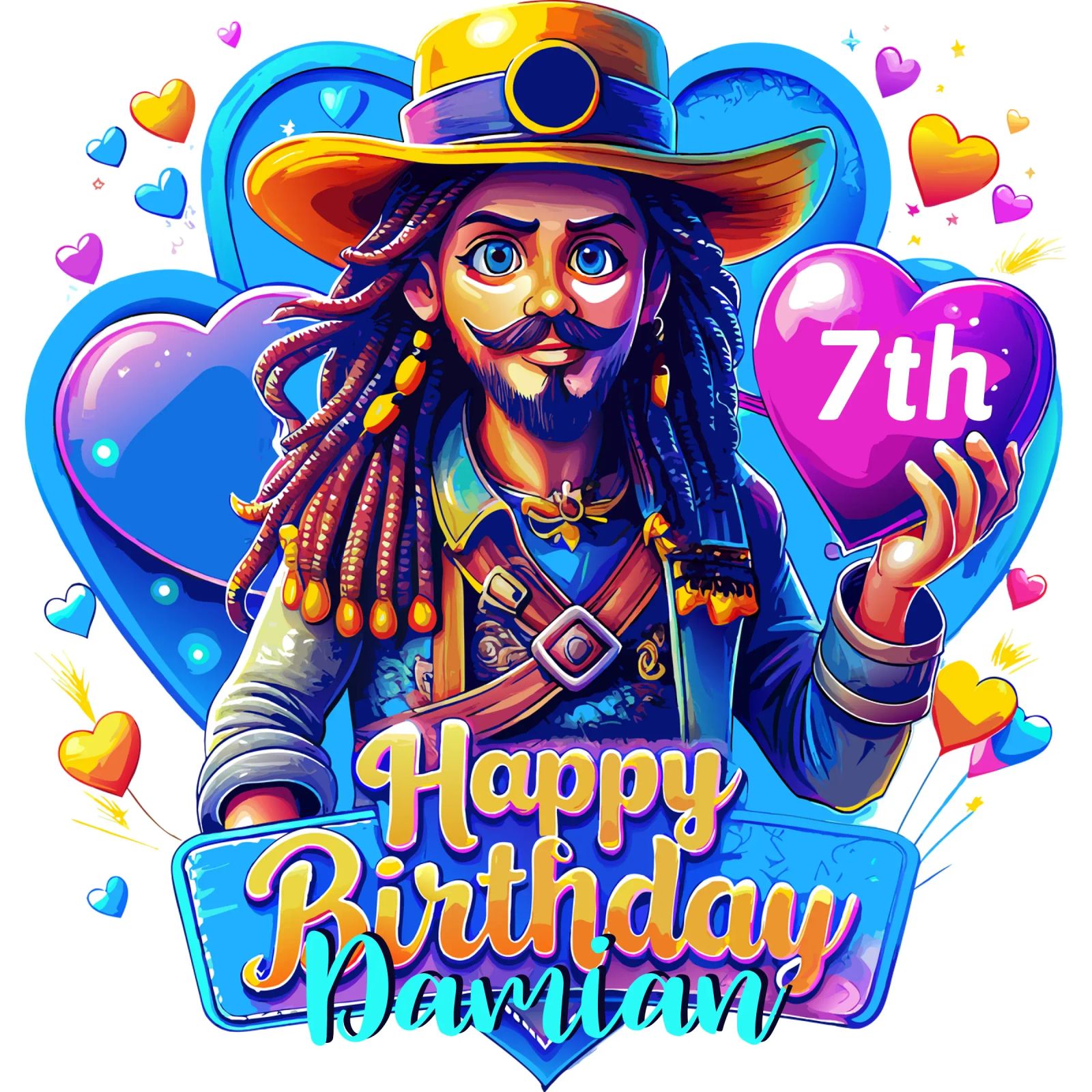 Pirata Cumpleaños Sujetando Globo Corazón, Personalizar Nombre y Edad poster de Artnesia
