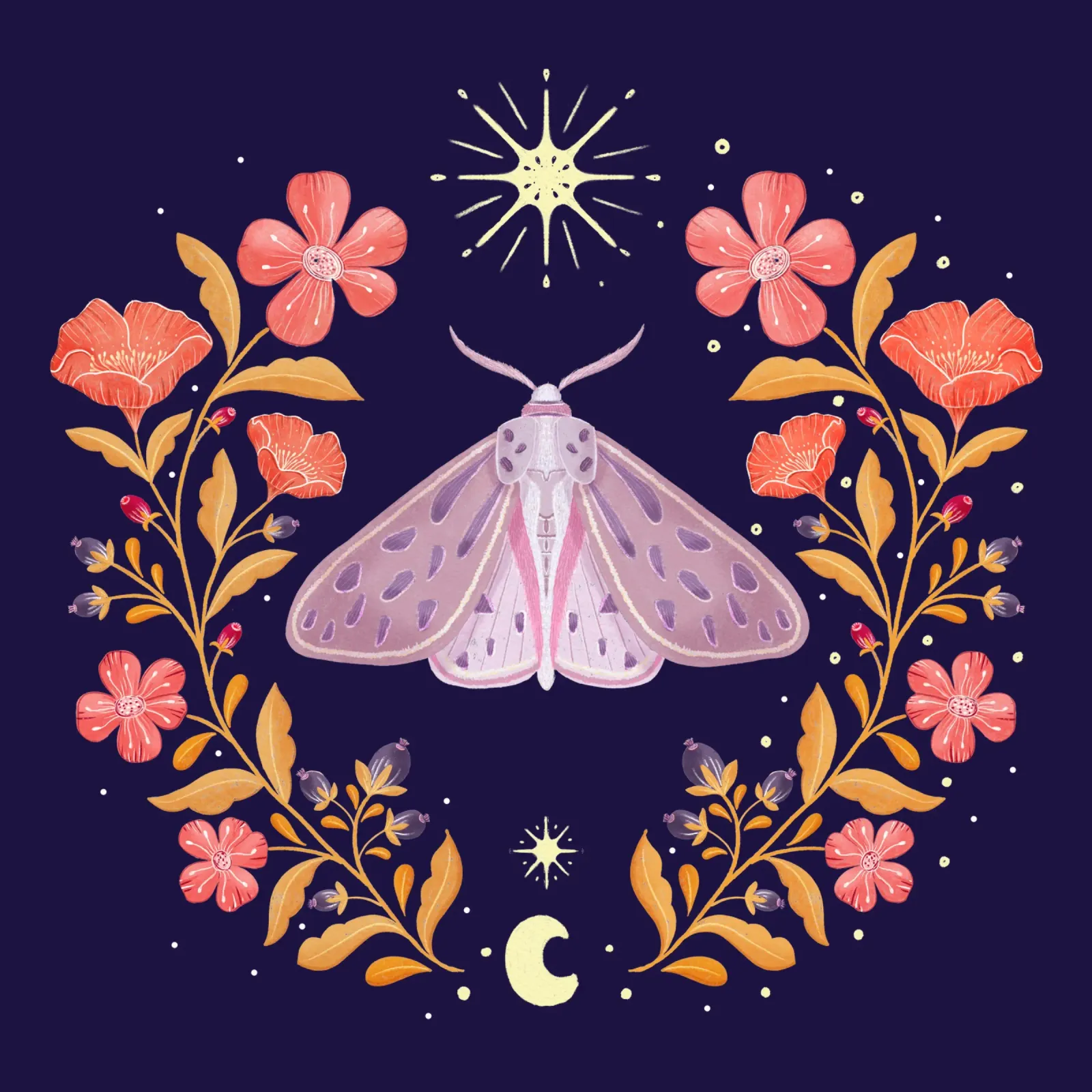 Momento magico con baco da seta, fiori, luna e stelle pellicola backlit da CalliLetters