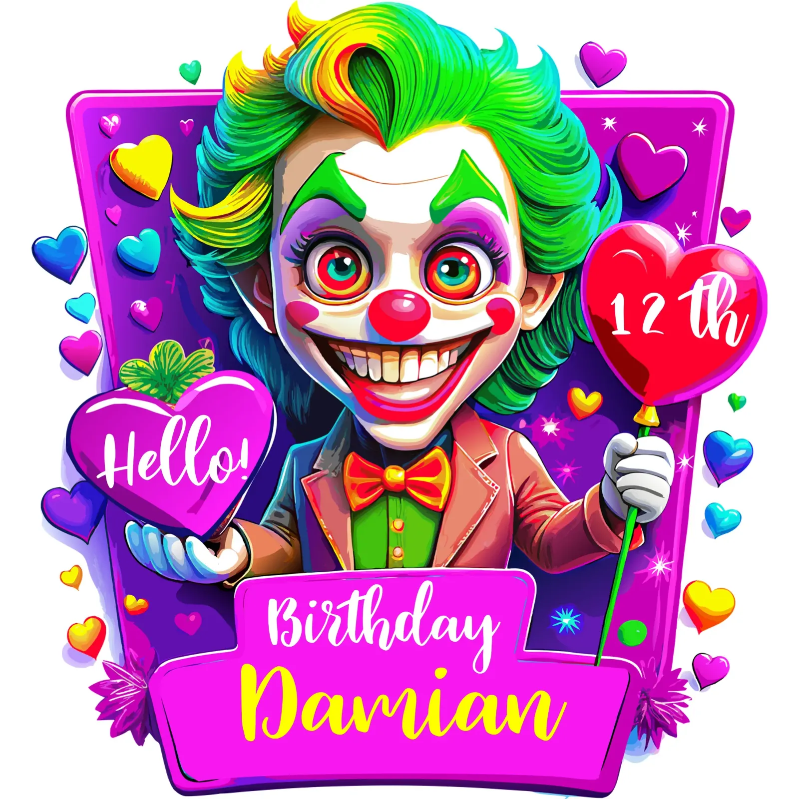 Joker Clown di compleanno con palloncini in mano - Personalizzato tutto il testo pellicola backlit da Artnesia
