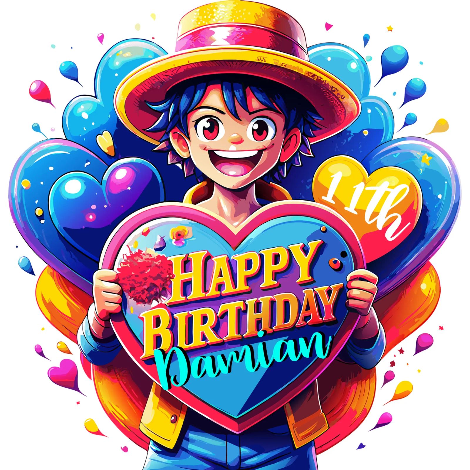 Luffy Anime Birthday Holding Love Sign - Custom Name and Age poster by Artnesia