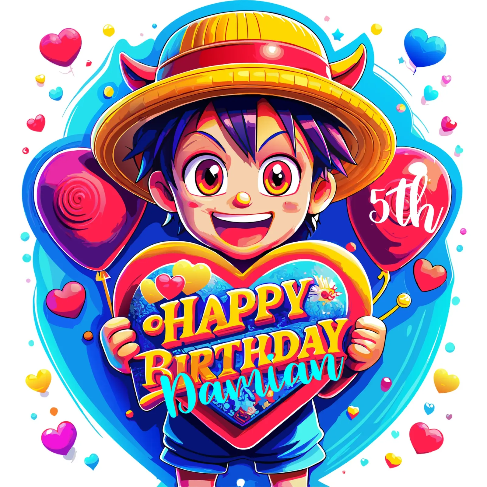 Palloncino con cuore in mano per il compleanno di Luffy Anime - Testo personalizzato poster con telaio in alluminio da Artnesia
