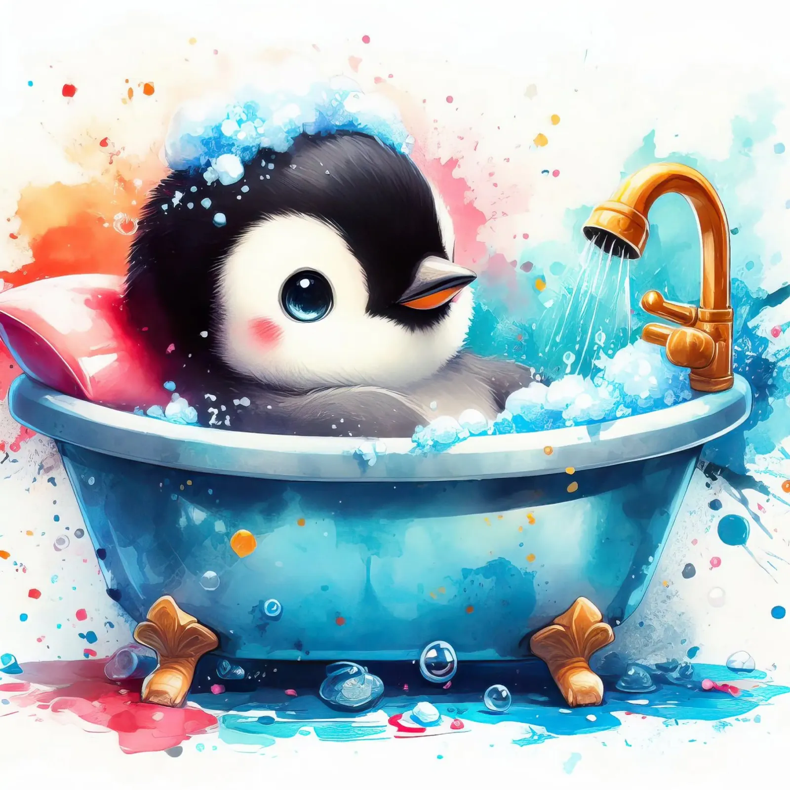 Un cucciolo di pinguino nella vasca da bagno poster da 🎁 ARTVI-SHOP