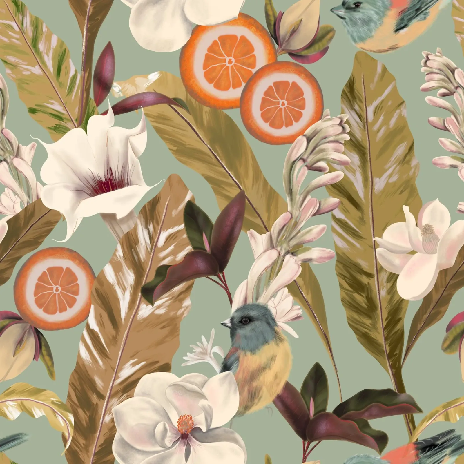 Tropical Leaves and Birds poster con telaio in plastica da anisillustration