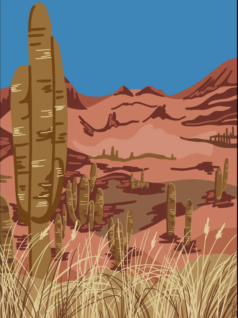 Desert Cactus Landscape poster con telaio in plastica da anisillustration