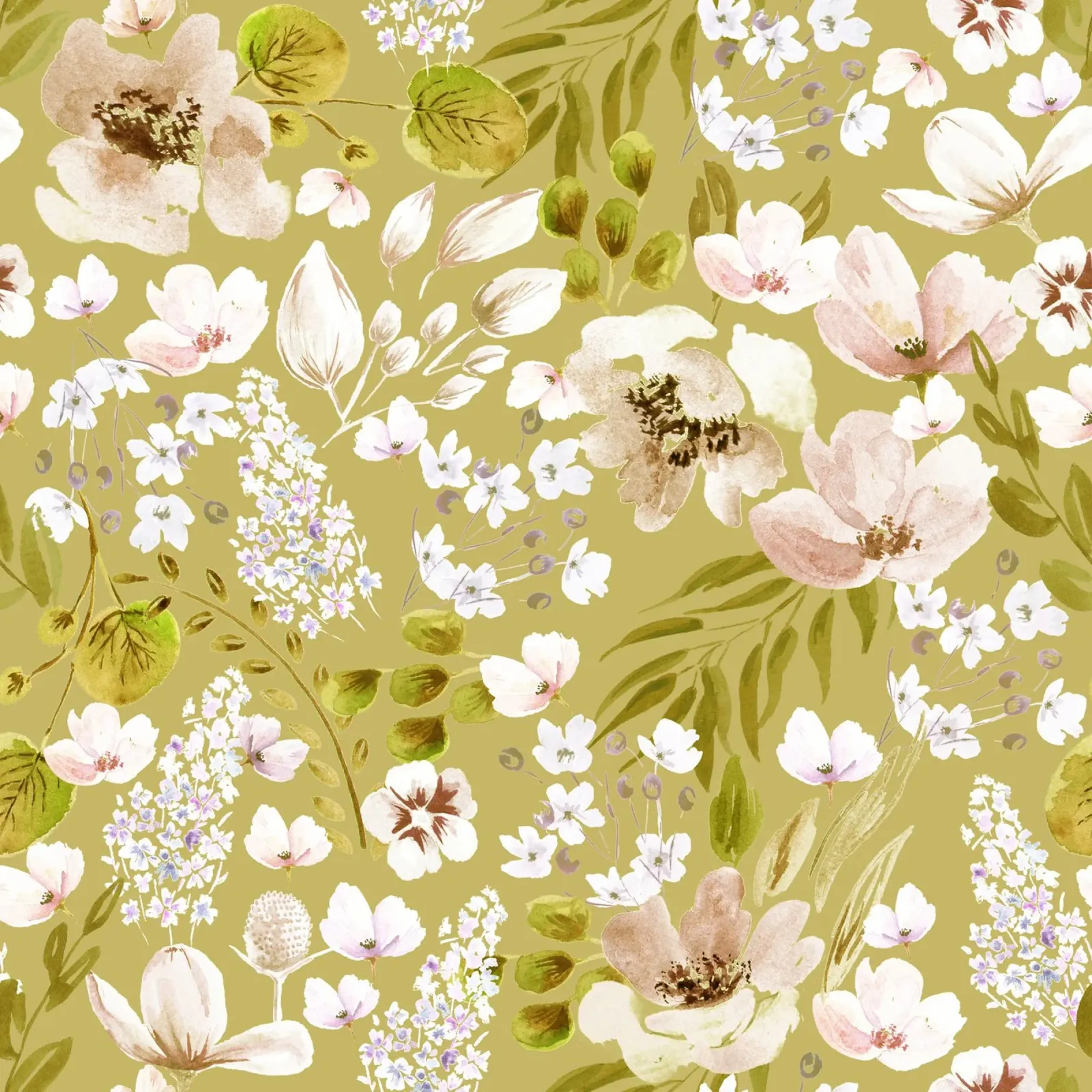 Yellow Watercolor Flowers Pattern tela con Cornice a cassetta da anisillustration