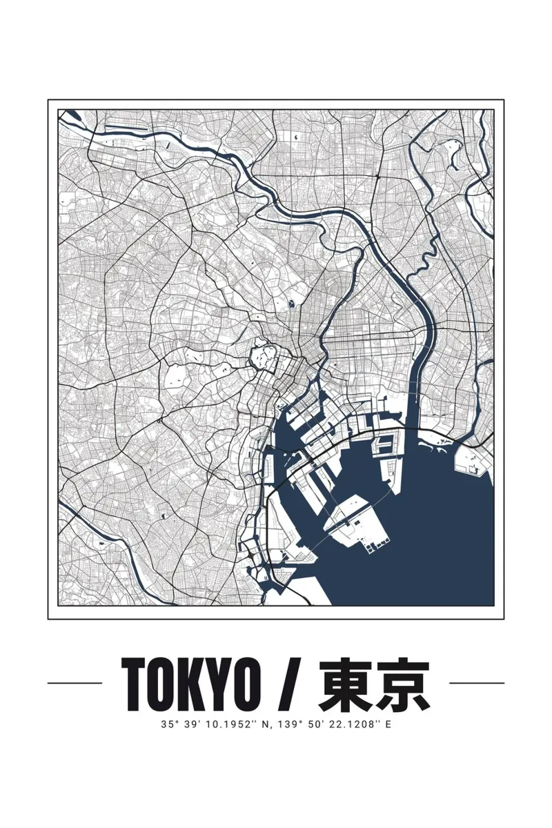 Minimalistische kaart van Tokio - Hedendaags stedelijk ontwerp kunst poster met houten frame van Ben & Clo creations