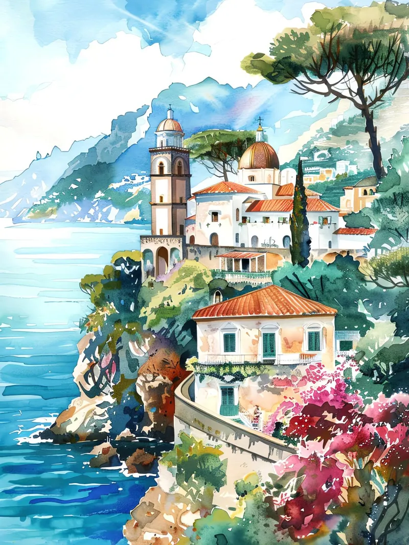 Amalfi Coast poster con telaio in alluminio da Artsy Bessy