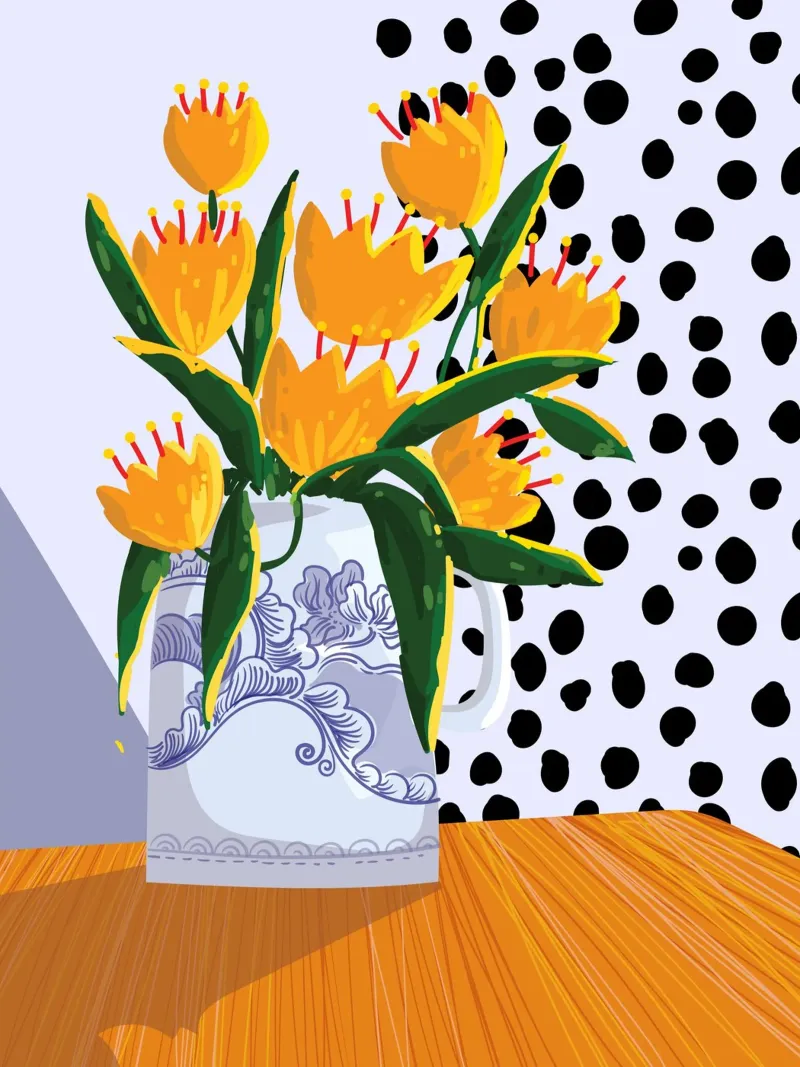 Yellow Flowers and Polka Dots poster da Artsy Bessy
