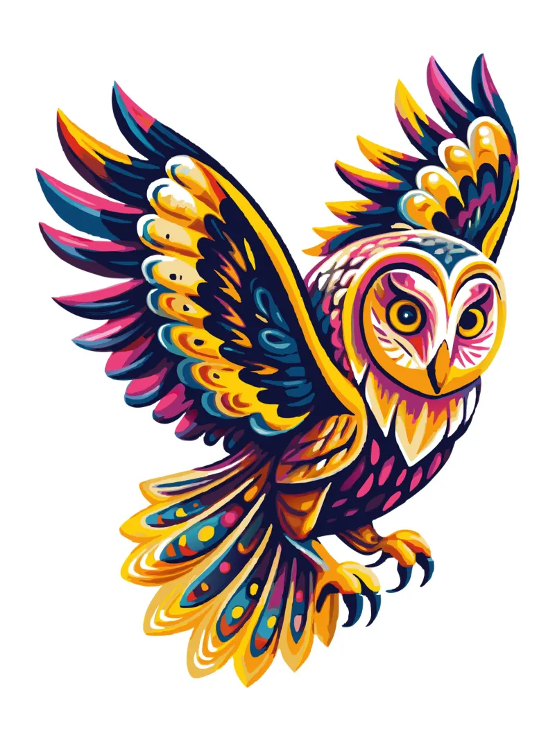 Arte del gufo psichedelico colorato - Illustrazione vivace di uccelli Boho pellicola backlit da Artnesia