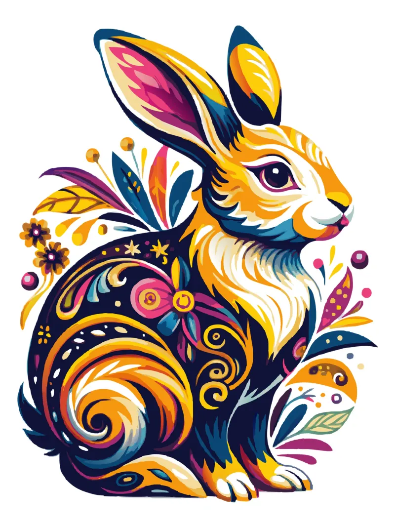 Illustrazione floreale psichedelica di coniglio - Animale vibrante Boho poster con telaio in legno da Artnesia
