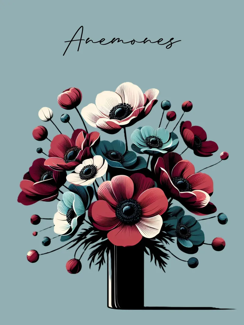 Anemonen Poster mit Holzrahmen von Digital Naive