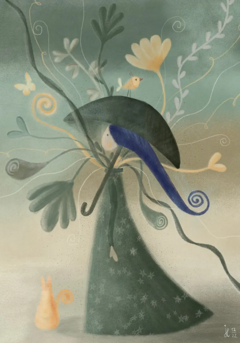 PASSEGGIATA FLOREALE CON GATTO poster con telaio in plastica da Inge Hauser Illustration