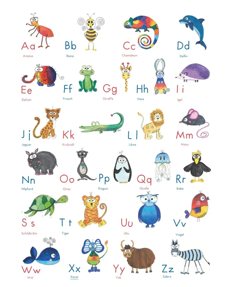 TIER ABC poster con telaio in legno da Inge Hauser Illustration