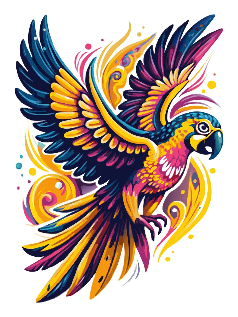 Illustrazione di pappagalli vivaci - Tropicale dinamico e colorato poster con telaio in alluminio da Artnesia
