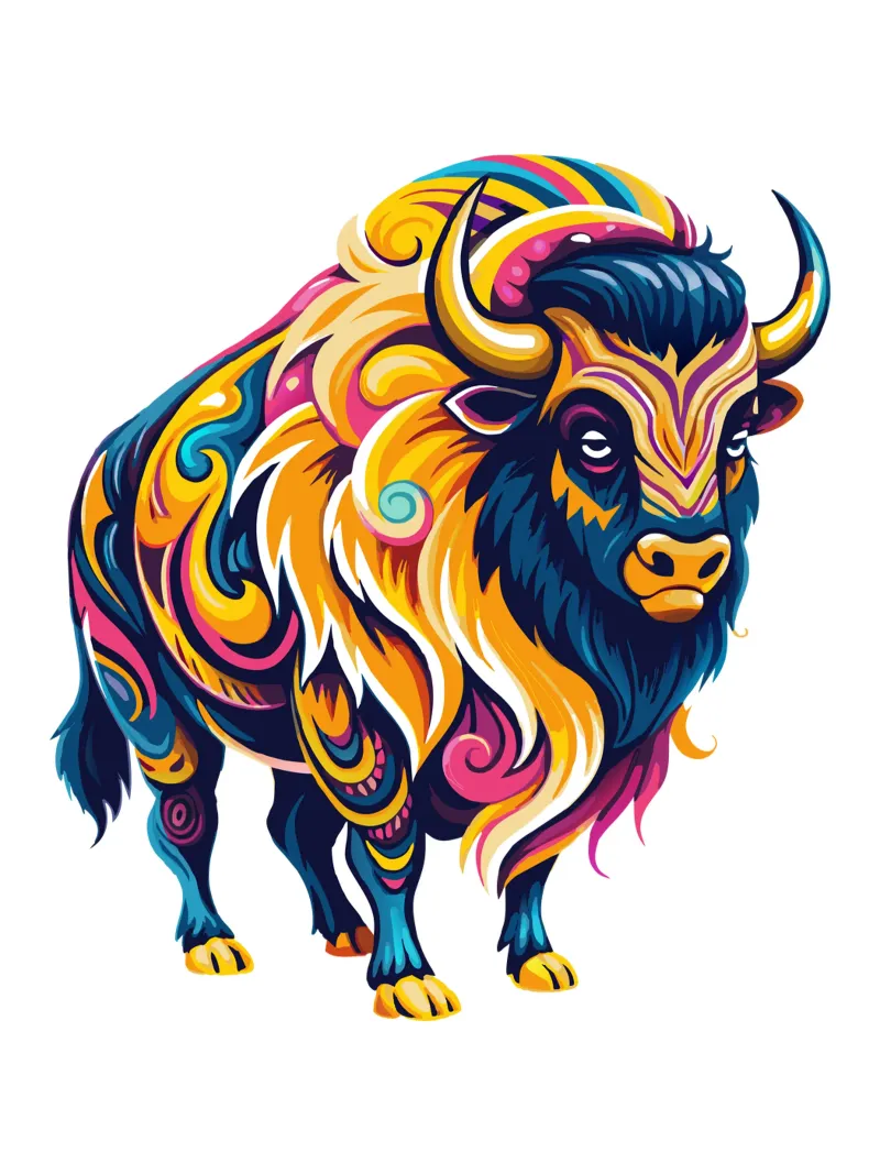 Illustrazione vibrante di bisonte - Arte della fauna selvatica audace e colorata poster con telaio in legno da Artnesia
