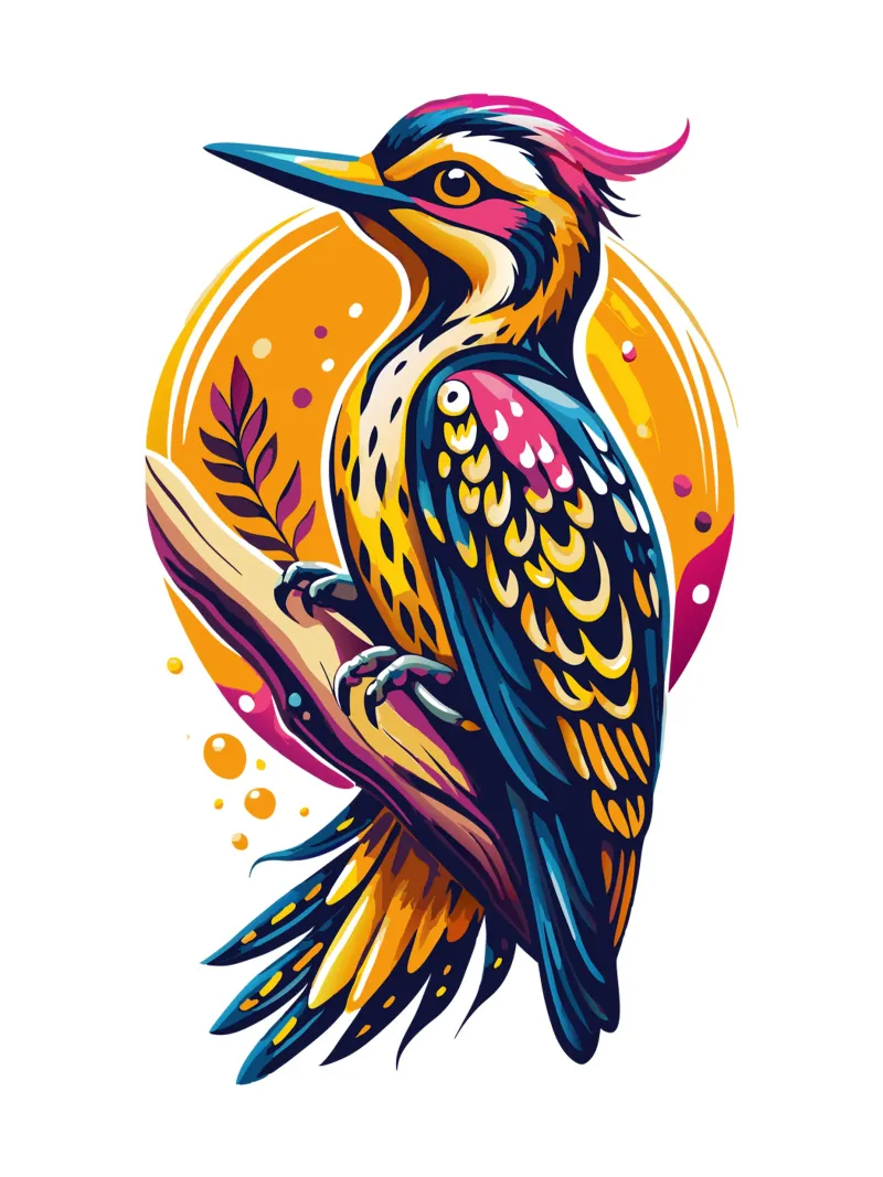 Illustrazione di picchio colorato - Arte degli uccelli ispirata pellicola backlit da Artnesia