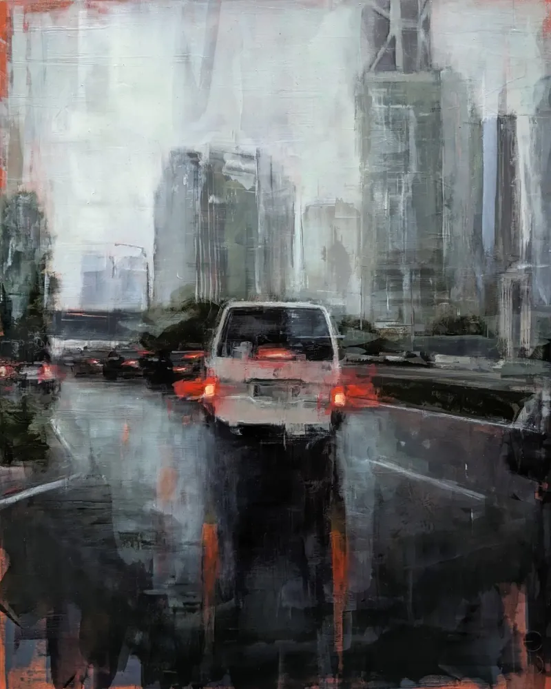"Rain in KL 01" Cityscape Malerei pellicola backlit da Eduard Warkentin Art